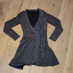 BCBG MAXAZRIA Wrap Dress in metallic silver and black